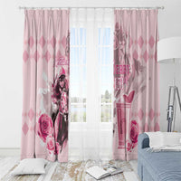 Pink horse-racing curtain panels with diamond pattern, roses, and Derby 151 graphic
