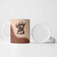 Brown ceramic mug with cowboy dog portrait and curved stripe border; empty interior
