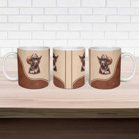 Set of three brown ceramic mugs with cowboy dog USA graphics on wooden surface