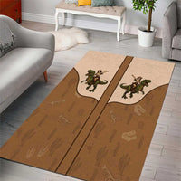 Beige and brown retro dinosaur area rug with two green dinosaur motifs on center stripe