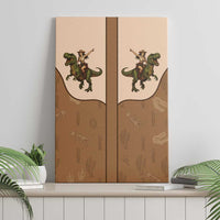 Beige and brown canvas wall art featuring two cowboy riding green dinosaurs on split panels
