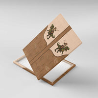 Beige canvas wall art angled on easel, showing cowboy riding green dinosaur on panels