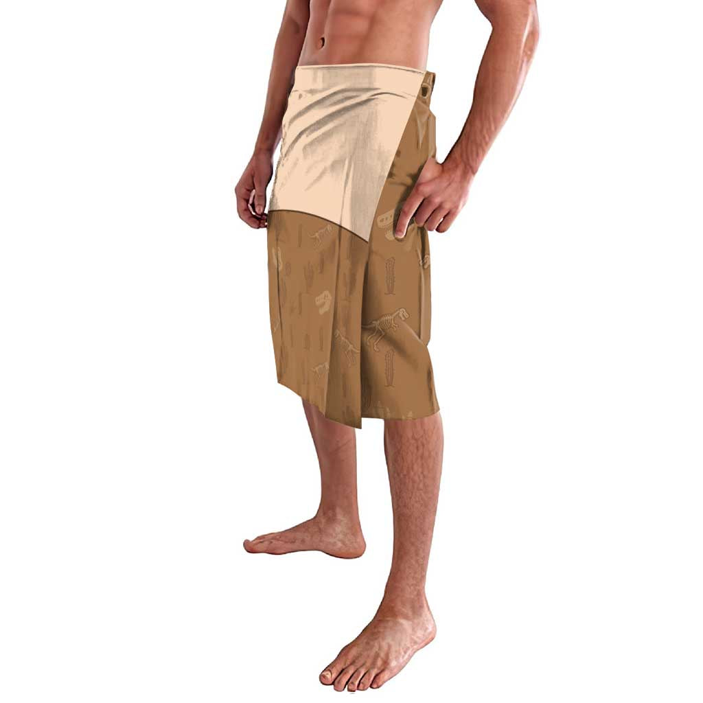 Beige and brown graphic yoke wrap skirt with asymmetrical overlay panel