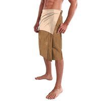 Beige and brown graphic yoke wrap skirt with asymmetrical overlay panel