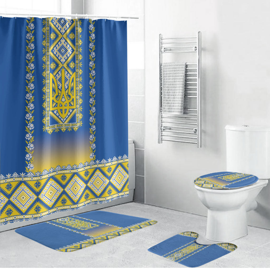 Ukrainian Tryzub Bathroom Set Vyshyvanka Inspired Patterns Blue