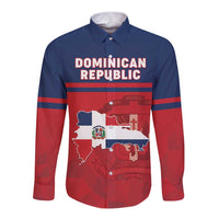 Long-sleeve button shirt with Dominican Republic map and flag graphic, blue and red