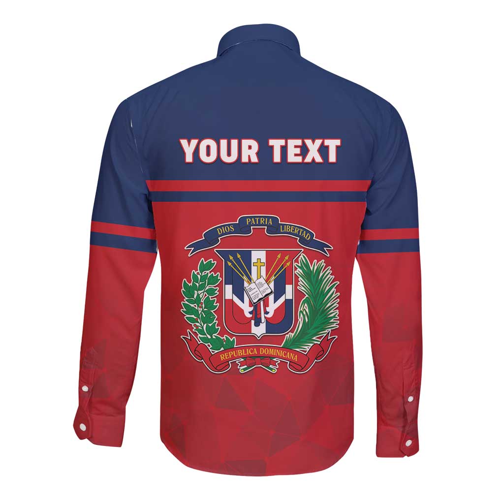 Long-sleeve button shirt with customizable text and Dominican coat of arms, blue/red