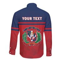 Long-sleeve button shirt with customizable text and Dominican coat of arms, blue/red