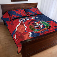 Red and blue quilt bed set with Dominican crest emblem and map print, two pillows