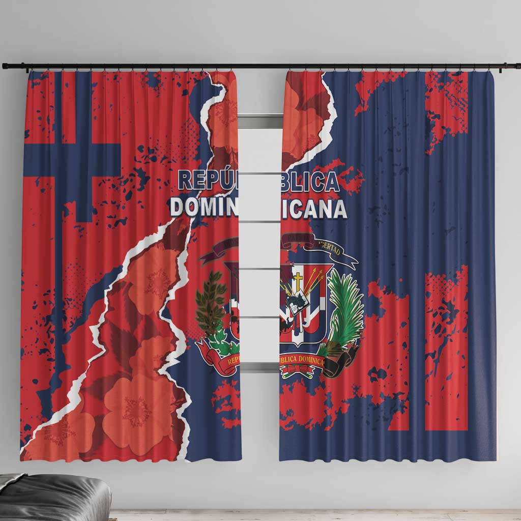 Dominican themed window curtain pair, red and blue panels with map and crest print