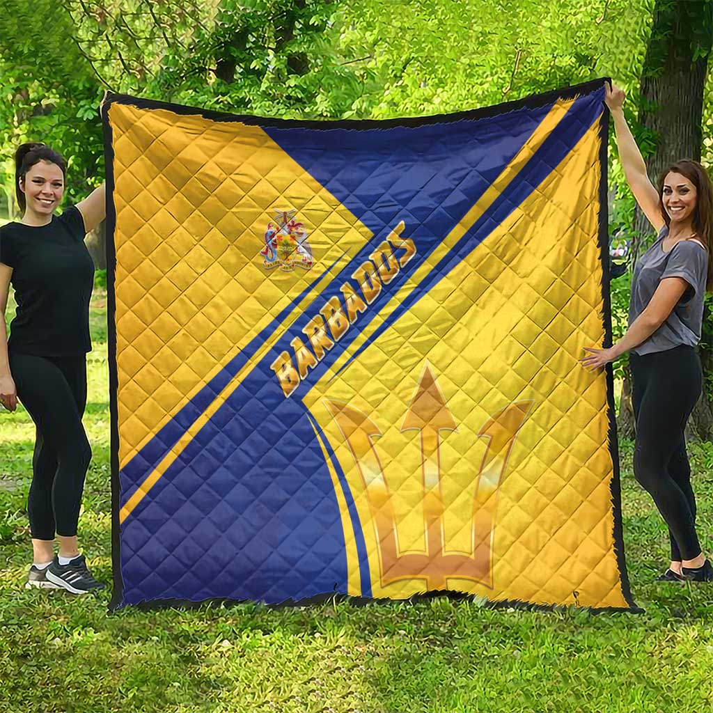 Barbados quilt blanket with quilted pattern, blue diagonal stripe and coat of arms