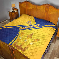 Barbados quilt on bed with blue-and-gold diagonal design, trident coat of arms