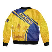 Unisex yellow and blue bomber jacket with ribbed hem, back diagonal Barbados print