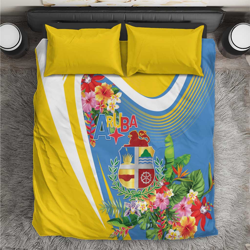 Aruba Bedding Set Coat Of Arms With Tropical Flowers