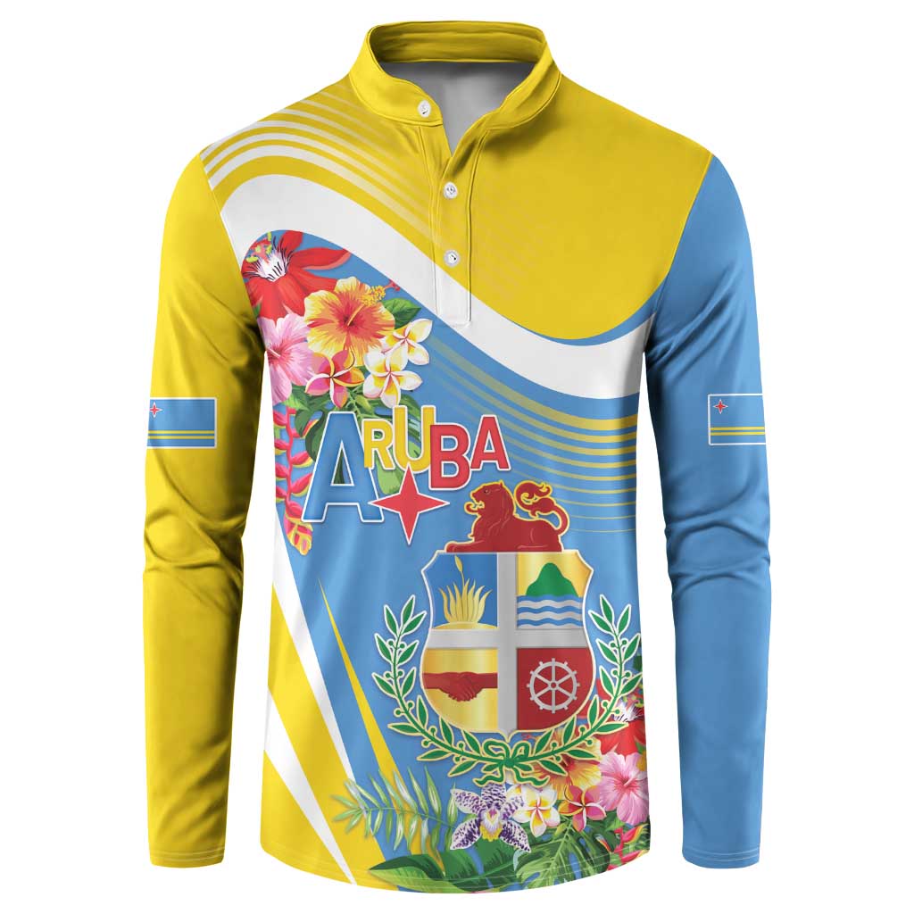 Aruba Button Sweatshirt Coat Of Arms With Tropical Flowers