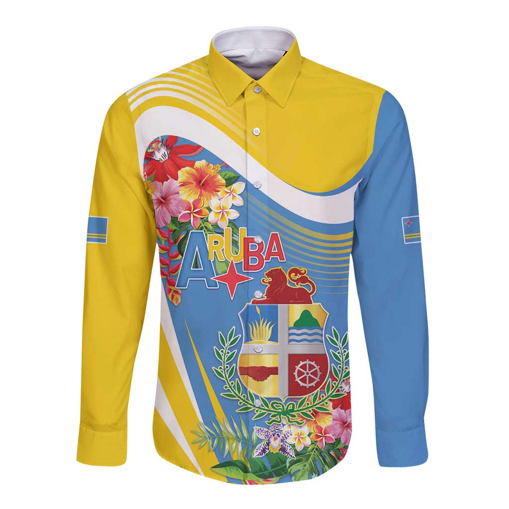 Aruba Long Sleeve Button Shirt Coat Of Arms With Tropical Flowers