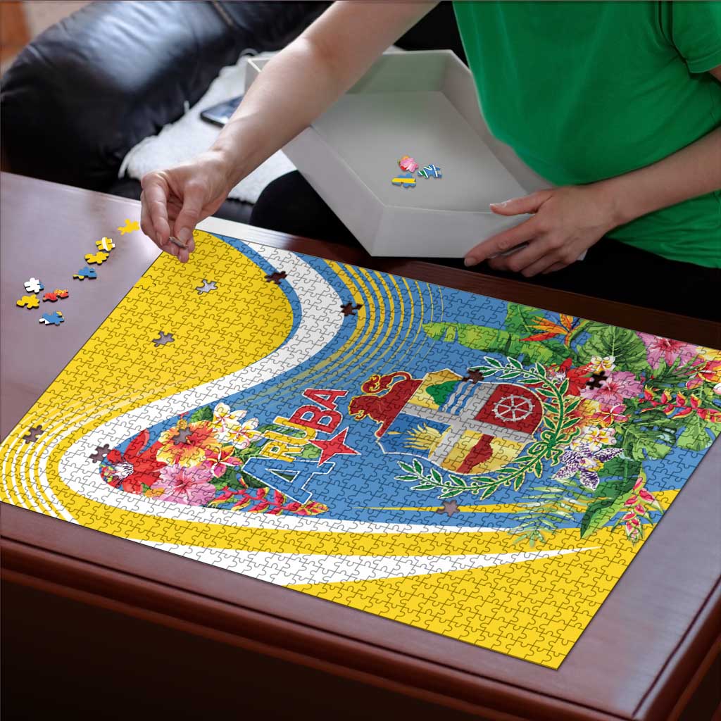 Aruba Puzzle Coat Of Arms With Tropical Flowers