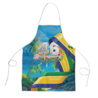 Blue novelty independence apron with long white ties and colorful graphic print center