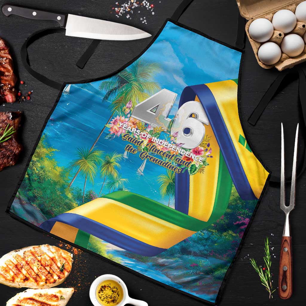 Blue independence apron with white ties, colorful palm and ribbon-style graphic print