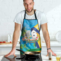 Blue independence apron with black straps and colorful “46 years” themed graphic print