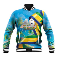 Blue tropical baseball jacket with striped ribbed collar and front button graphic