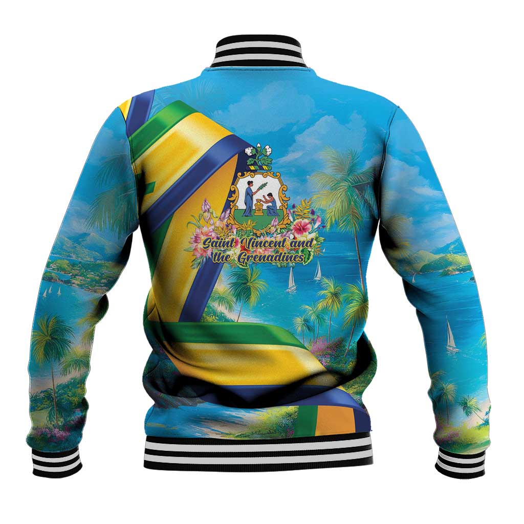 Blue tropical baseball jacket with striped ribbed collar and back graphic