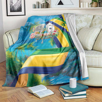 Blue flag-themed blanket with 46 Years of Independence text and bird graphic