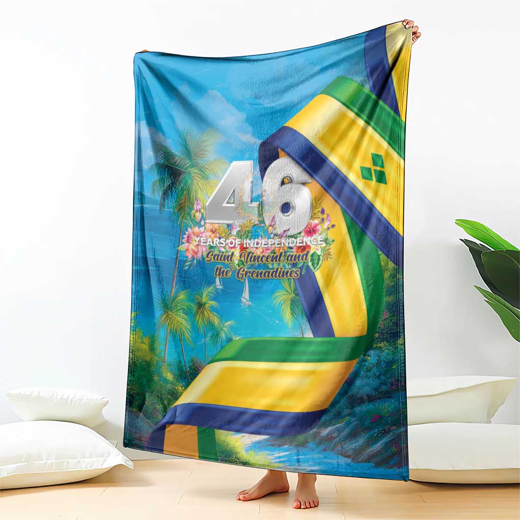 Blue flag-themed blanket draped upright, showing 46 Years of Independence center design