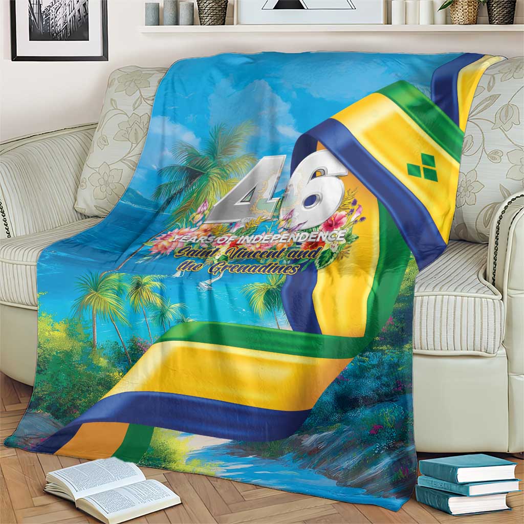 Blue flag-themed blanket on couch with yellow, green, and blue stripes plus 46 years text
