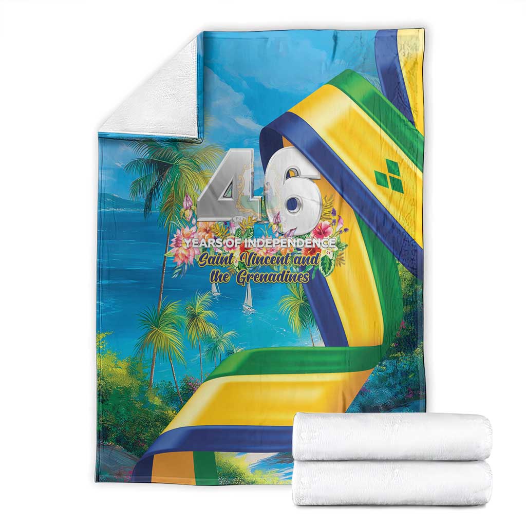 Blue flag-themed blanket with 46 Years of Independence bird emblem and striped design
