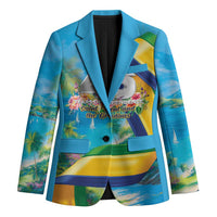 Unisex turquoise blazer with notch lapels and tropical island print, single-breasted button front