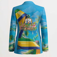 Unisex turquoise blazer with tropical back print and notch lapels, single-button closure