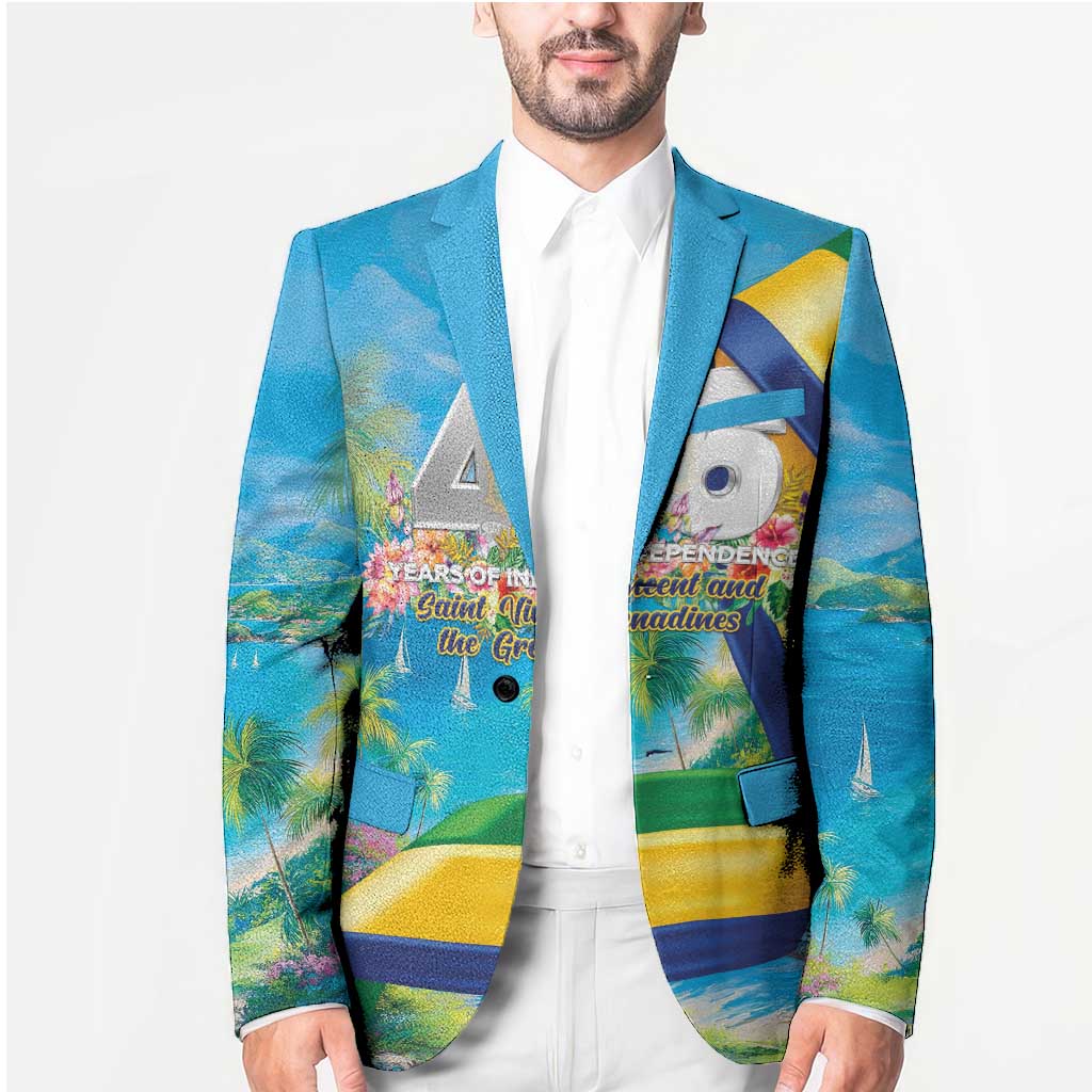 Unisex turquoise blazer on model, tropical print front panel and notch lapels