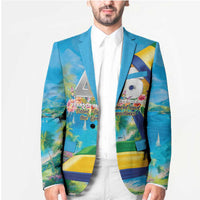 Unisex turquoise blazer on model, tropical print front panel and notch lapels