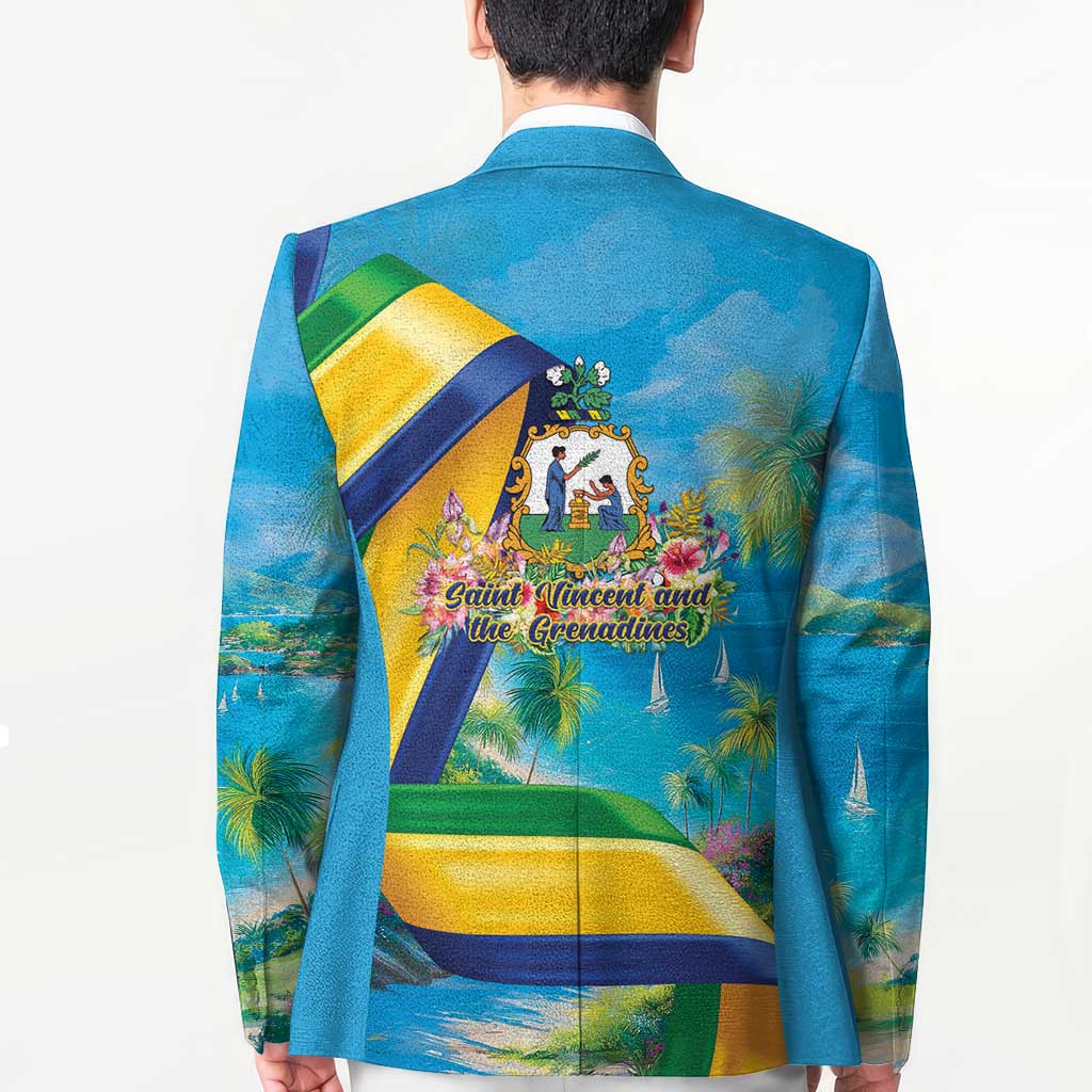 Unisex turquoise blazer with full back tropical graphic, notch lapels and single-breasted cut