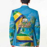 Unisex turquoise blazer with full back tropical graphic, notch lapels and single-breasted cut