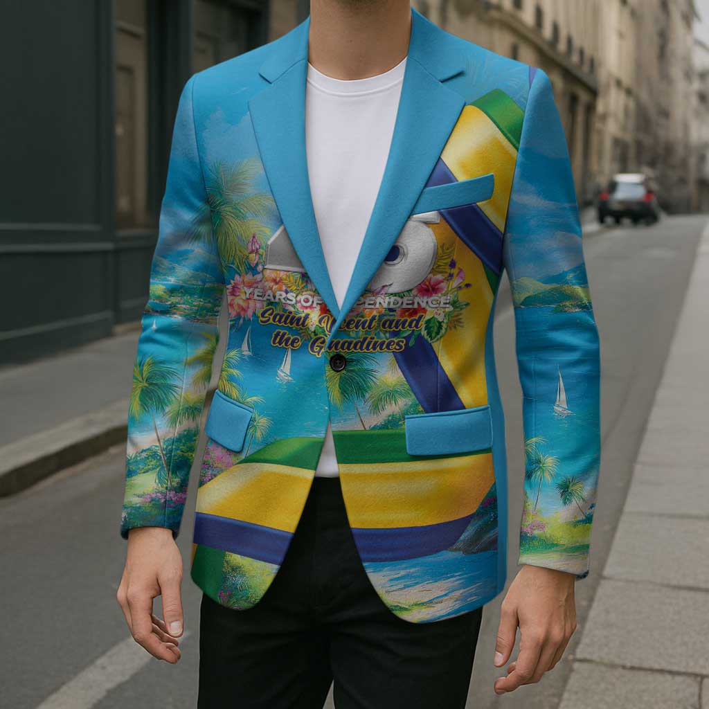 Unisex turquoise blazer worn outdoors, tropical front print with buttoned single-breasted style