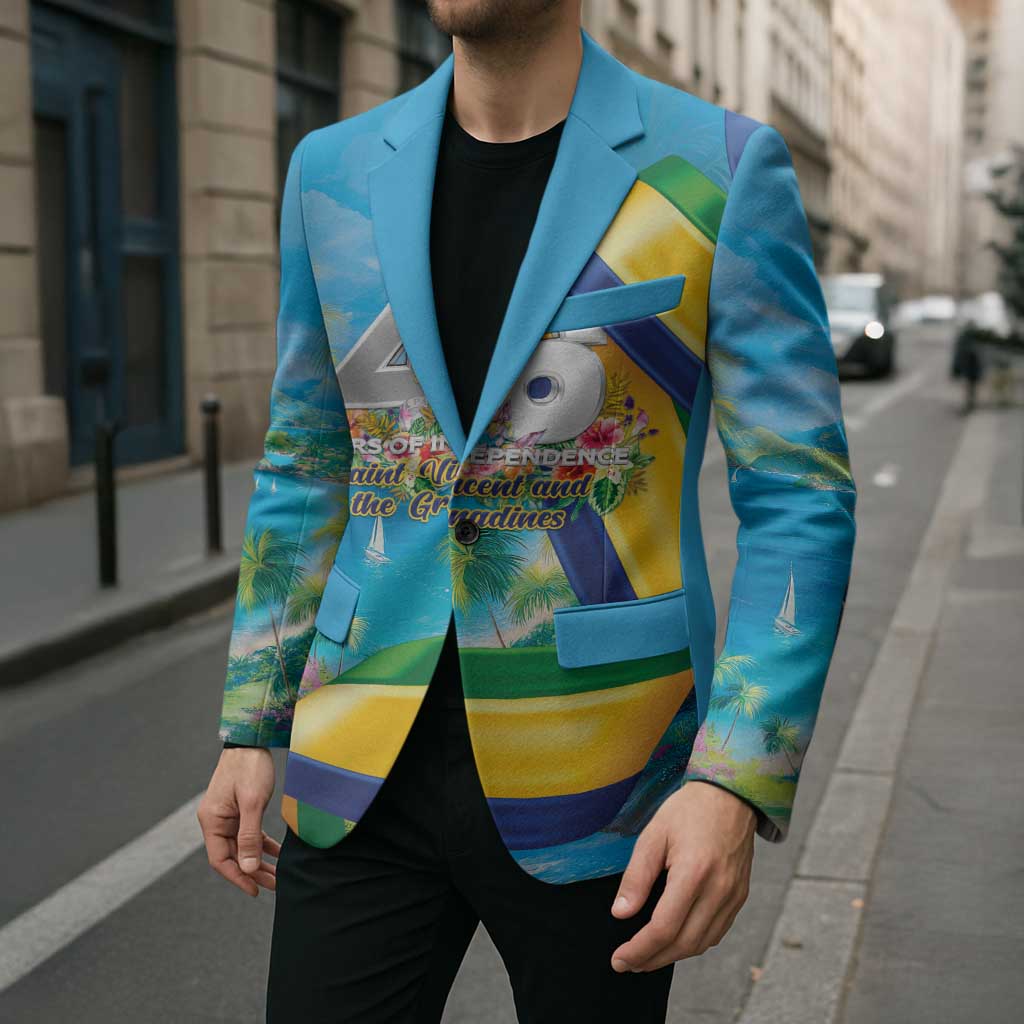 Unisex turquoise blazer with tropical print, worn with a dark shirt and notch lapels