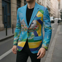 Unisex turquoise blazer with tropical print, worn with a dark shirt and notch lapels