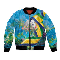Blue bomber jacket with full-zip front, ribbed cuffs, and colorful independence graphic