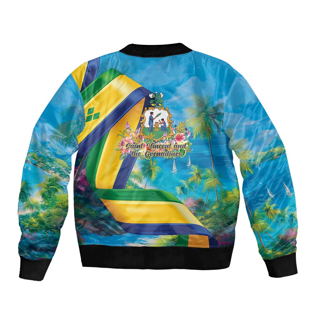 Blue bomber jacket with ribbed cuffs and back graphic with flag and island scene