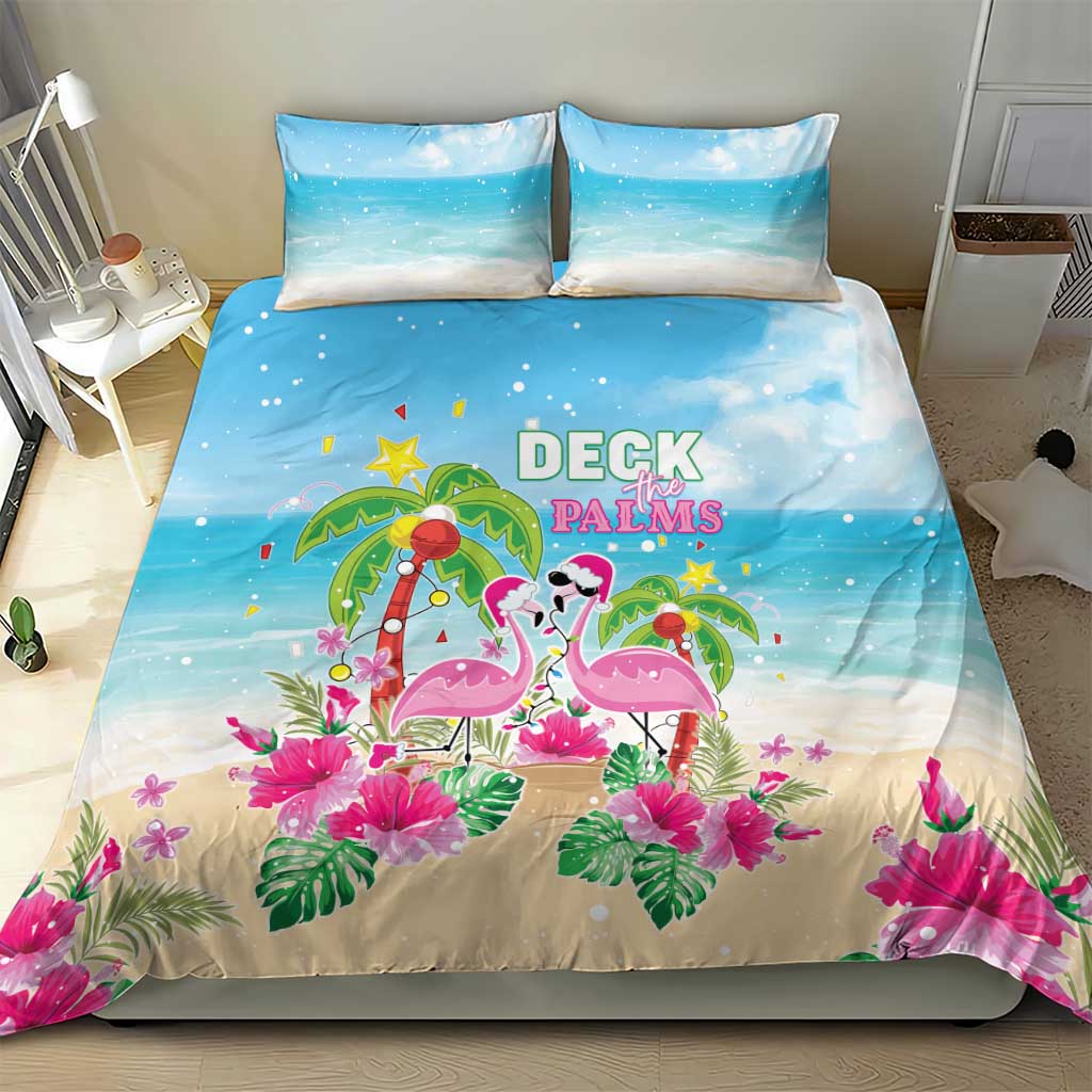 Blue and beige duvet cover with flamingos, palms, and colorful holiday confetti