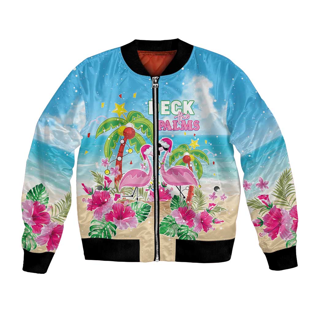 Blue bomber jacket with flamingo and palm Christmas print, front zipper, black rib trim
