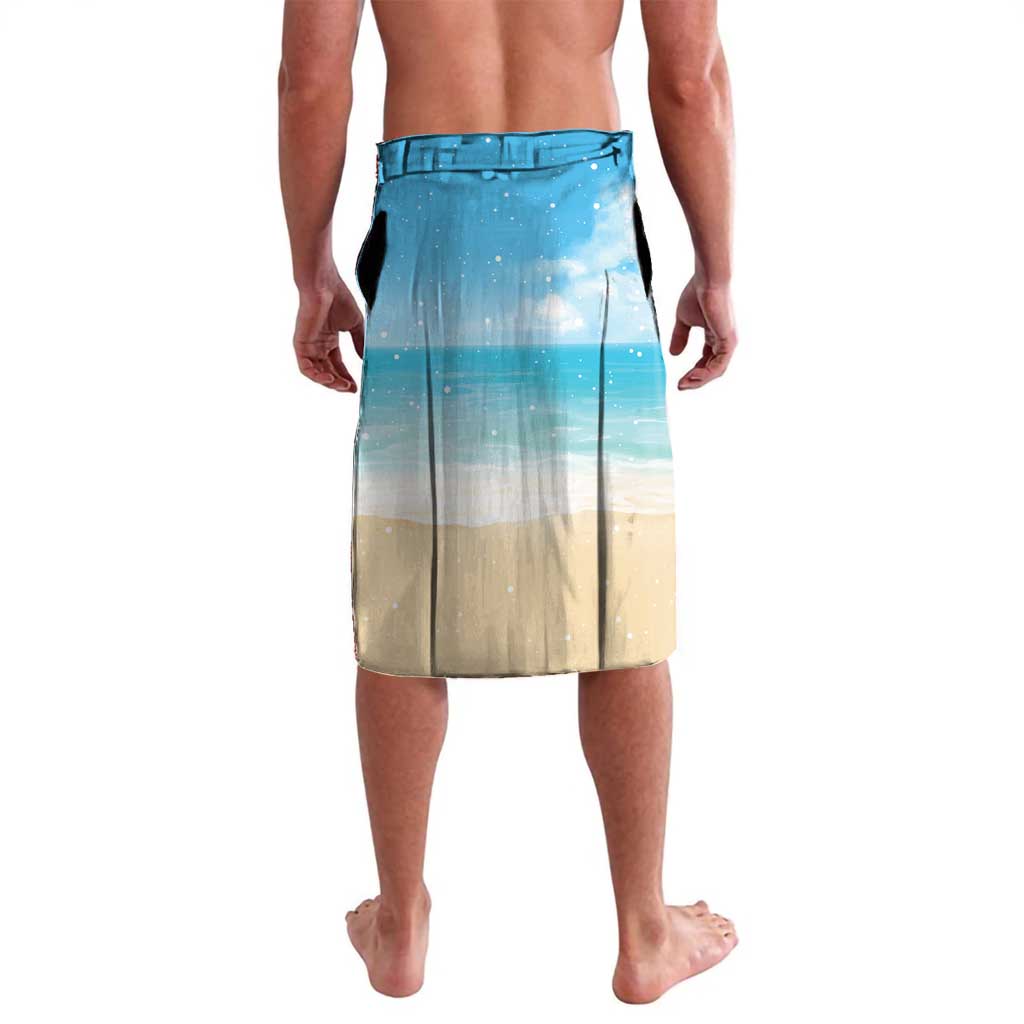 Blue and tan holiday lavalava sarong with gradient panel and drawstring