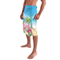 Blue holiday lavalava sarong with flamingo tropical print, side view