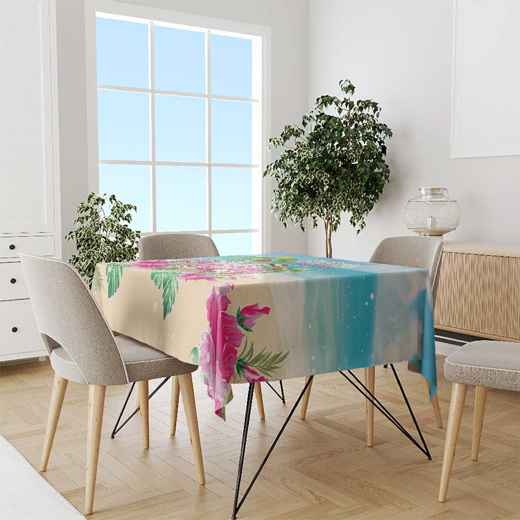 Tropical holiday tablecloth in blue and beige with flamingos and palm leaves