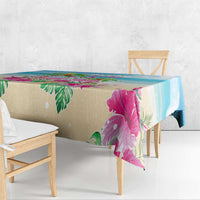 Tropical tablecloth with pink flamingo and green palm leaf design
