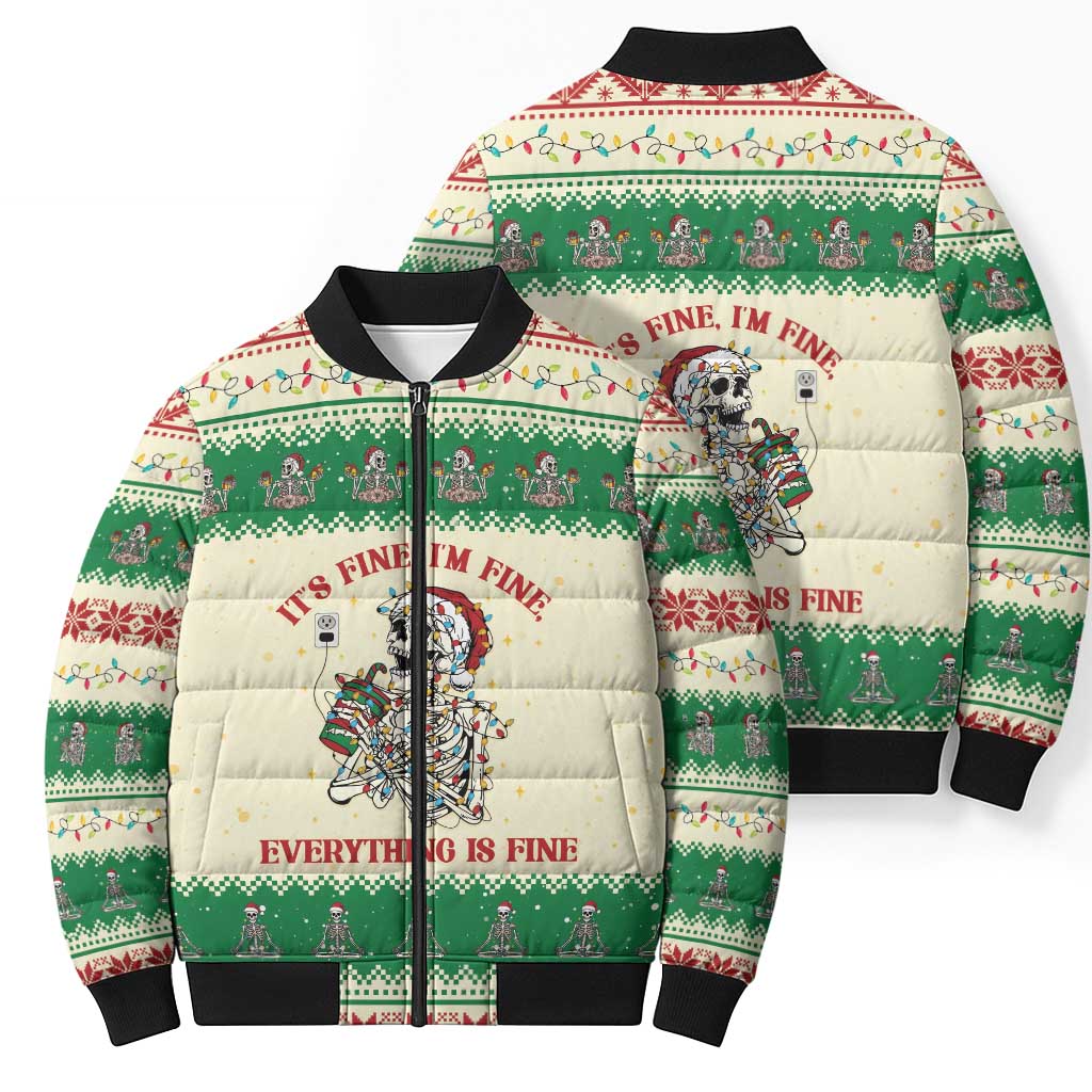 Funny Skeleton Christmas Bomber Puffer Jacket It's Fine I'm Fine Everything Is Fine - Wonder Print Shop