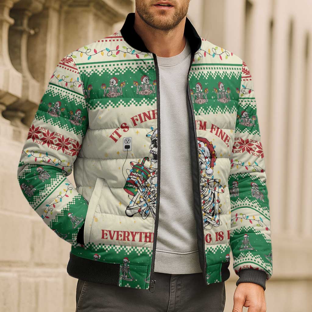 Funny Skeleton Christmas Bomber Puffer Jacket It's Fine I'm Fine Everything Is Fine - Wonder Print Shop
