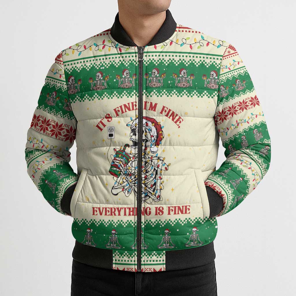 Funny Skeleton Christmas Bomber Puffer Jacket It's Fine I'm Fine Everything Is Fine - Wonder Print Shop